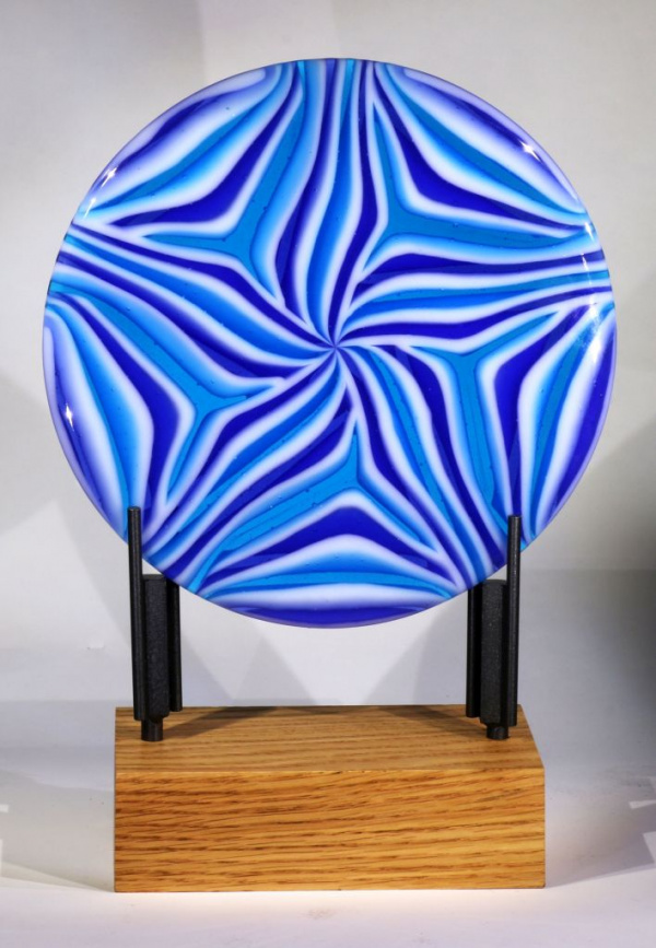 Blue Pinwheel, Side 1 with Front Light on Solid Oak Base