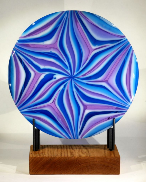 Blue & Lavender Pinwheel, Side 1 with Front Light on Solid Oak Base